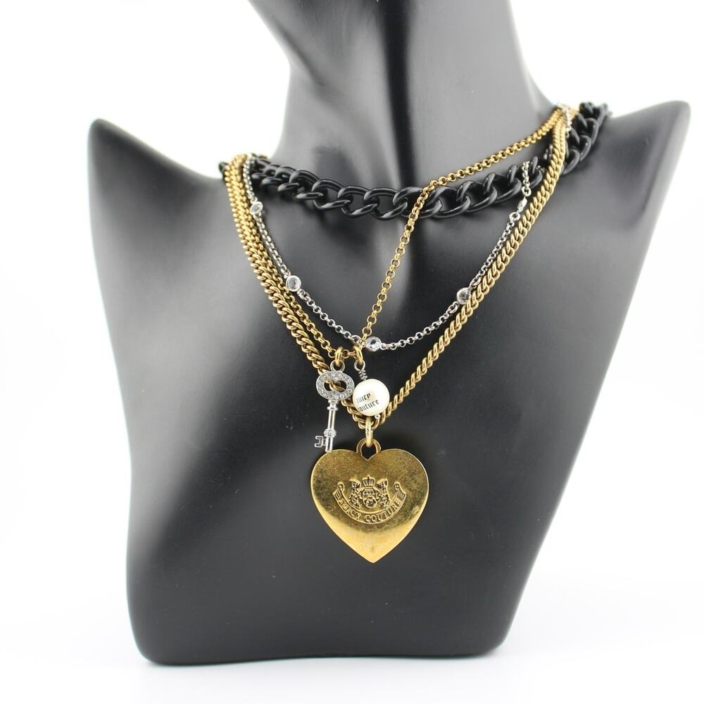 Juicy Couture Chunky Multi Chain Heart Necklace Layered Y2K Gold Black